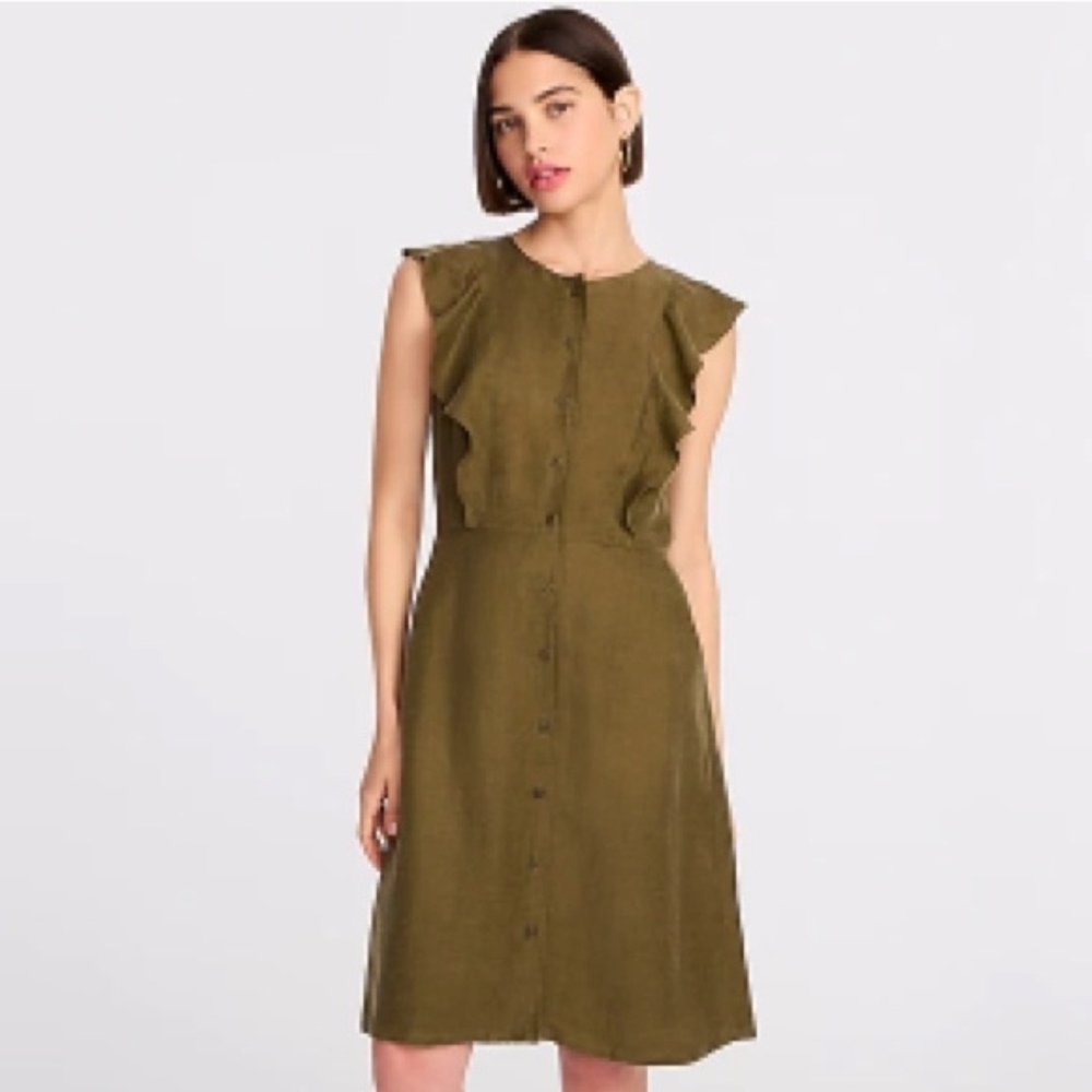 J. Crew Ruffle Sleeve Linen Cupro Blend Olive Button Front Dress; Size 10; Lined